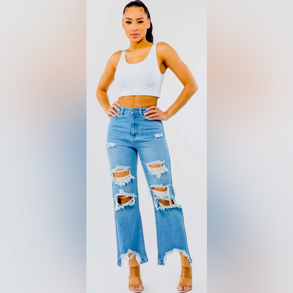 American Bazi Blue Flare Wide Leg Jeans with Modern Distressing